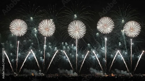 spectacular city skyline fireworks panorama with layered bursts lighting up the night