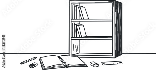 A minimalist outline illustration of a bookshelf with books and stationery items in black and white vector style, suitable for educational and interior design projects