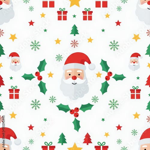 Seamless Christmas Pattern with Santa Claus and Festive Elements.