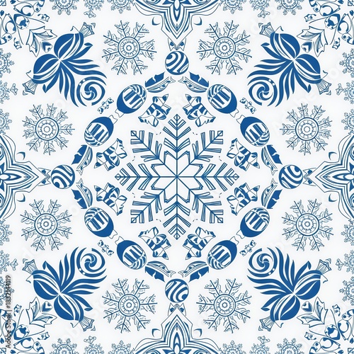 Seamless Blue and White Snowflake Pattern for Winter Holidays.
