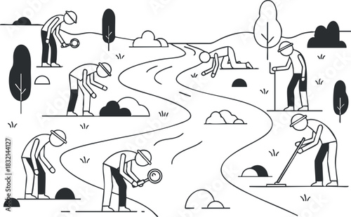 A collection of people researching and exploring a river landscape in minimalist black and white vector style, ideal for environmental projects and educational materials