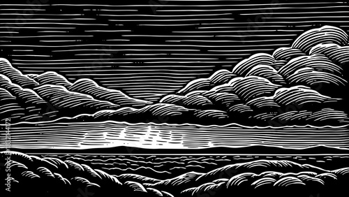 Thick layered stratus clouds covering the entire grey sky, forming a smooth monotone atmosphere that stretches across the landscape with cool calm weather patterns