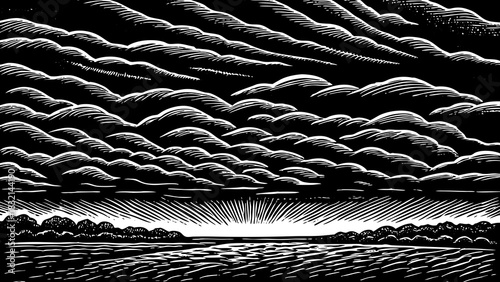 Thick layered stratus clouds covering the entire grey sky, forming a smooth monotone atmosphere that stretches across the landscape with cool calm weather patterns