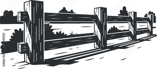 A wooden fence in a black and white minimalist vector style, ideal for rural landscape illustrations and outdoor themes