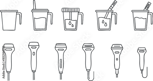 A set of measuring cups and utensils in clean outline vector style, suitable for kitchen and cooking design projects
