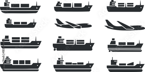 A collection of cargo ships and airplanes in flat black vector style, ideal for logistics and transportation design