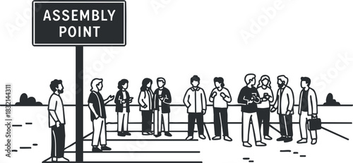 A group of diverse people gathered at an assembly point under a sign in minimalist black and white vector style, suitable for safety and event planning materials