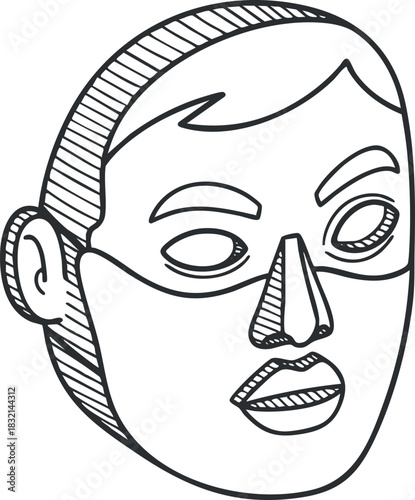 A stylized illustrated face with a facial mask in outline drawing vector style, suitable for beauty and wellness projects