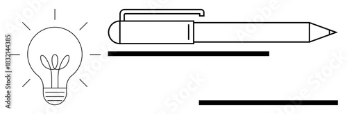 Light bulb with glowing rays and sprout symbolizing growth paired with pen for writing. Ideal for creativity, innovation, education, idea generation, problem-solving, self-expression, planning