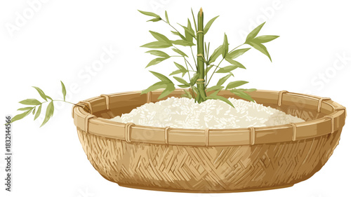 Rice Basket with Bamboo Plant Vector Illustration