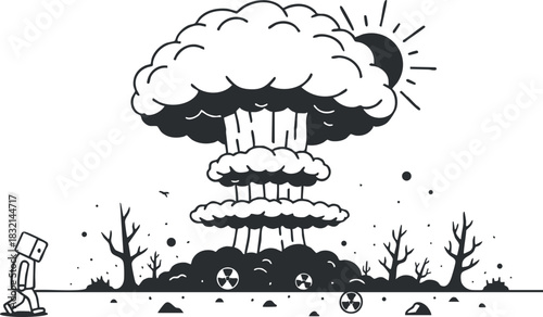 A robot walking away from a large nuclear explosion in black and white cartoon vector style, suitable for environmental awareness projects