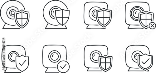 A set of webcam security icons featuring shields, checkmarks, and crosses in minimalist outline vector style, ideal for cybersecurity and technology design