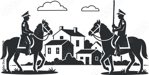 A silhouette of two mounted military officers riding through a village landscape in black and white vector style, suitable for historical themes