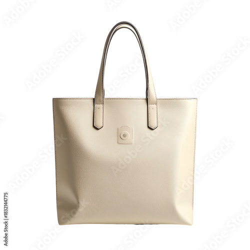 Cream-colored tote bag with metallic handles, isolated on a stark black background