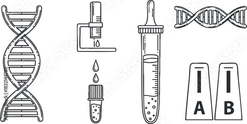 A collection of laboratory icons including DNA strands, test tubes, and pipettes in outline vector style, suitable for scientific and educational materials