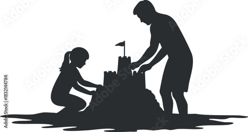 A silhouette of a child and adult building a sandcastle at the beach in a minimalist black and white vector style, ideal for family or summer-themed designs