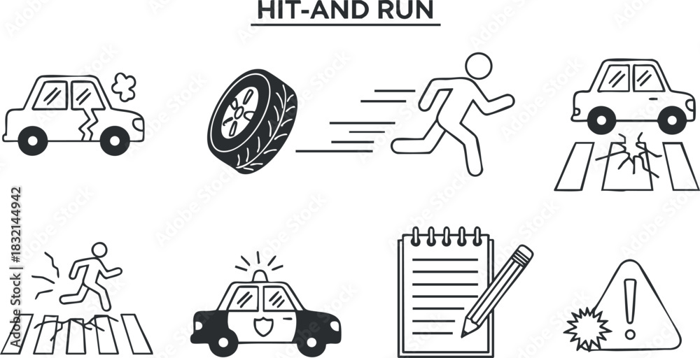 Fototapeta premium A set of hit-and-run icons featuring cars, tires, pedestrians, and safety symbols in black and white outline vector style, suitable for legal and safety-related projects