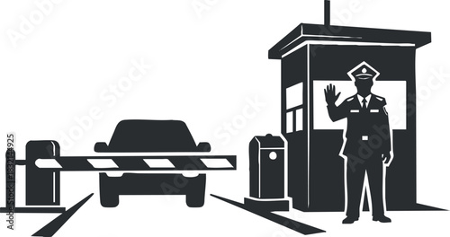A security checkpoint illustration featuring a car at a barrier and a police officer in black and white minimalist vector style, suitable for transportation and safety graphics