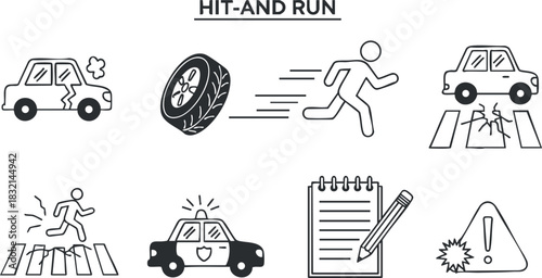 A set of hit-and-run icons featuring cars, tires, pedestrians, and safety symbols in black and white outline vector style, suitable for legal and safety-related projects