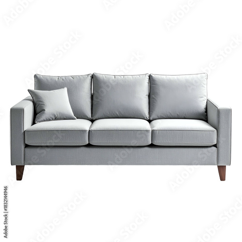 Modern, three-cushion light gray couch with three back cushions and a smaller pillow