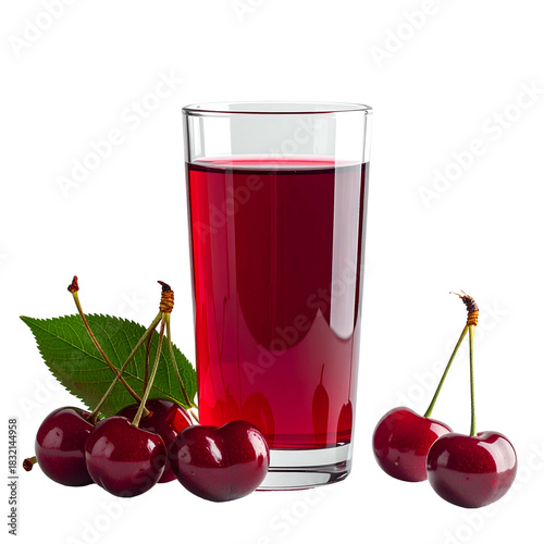 A glass of vibrant red liquid with cherries and green leaves beside it