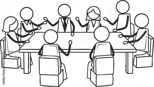 A group of people engaged in a business meeting around a rectangular table in black and white outline vector style, ideal for corporate presentations