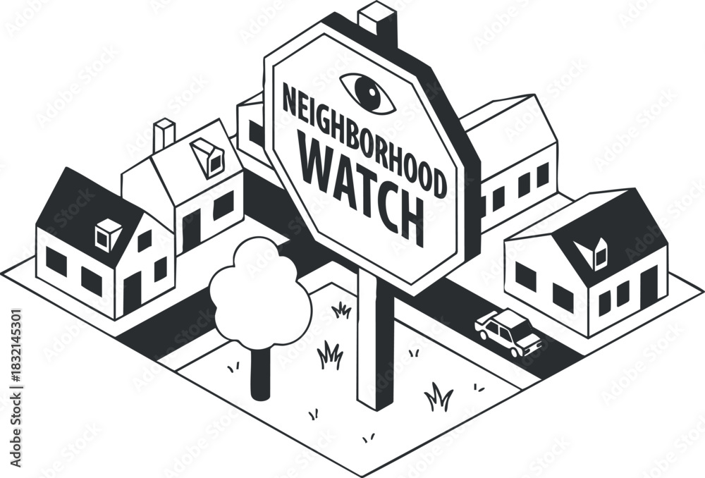 Naklejka premium A neighborhood watch sign with houses and a car in clean black and white vector style, ideal for community safety initiatives