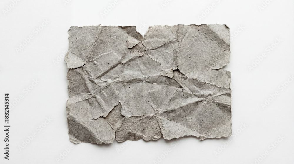 Obraz premium paper, wrinkled, torn, gray, texture, white background, realistic, scrap, ripped, grunge, crumpled, crushed, old, damaged, distressed, sheet, page, abstract, design, element, blank, empty, copy space,