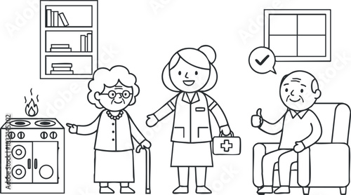 A caregiver assisting an elderly woman with a walker in a line art style, featuring a cozy home environment, ideal for healthcare and caregiving themes