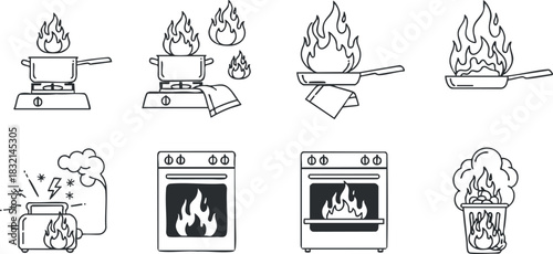 A collection of cooking-related fire icons in black and white minimalist vector style, suitable for kitchen safety and cooking guides