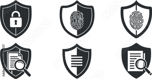 A collection of security shield icons featuring a lock, fingerprints, and documents in minimalist vector style, ideal for cybersecurity and privacy themes