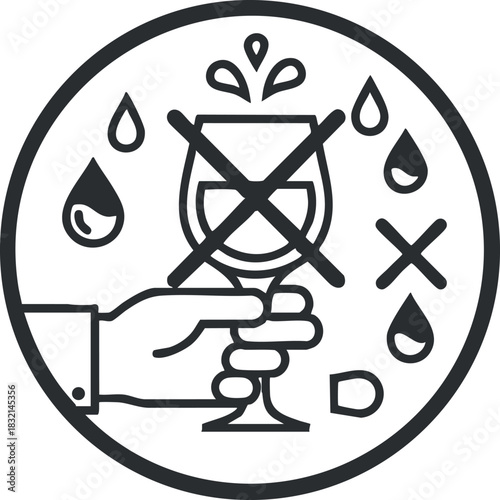 A prohibition symbol featuring a hand holding a glass with liquid, outlined in black and white vector style, ideal for safety signage and communication