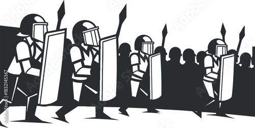 A group of soldiers marching with shields in black and white vector style, suitable for military-themed designs and illustrations