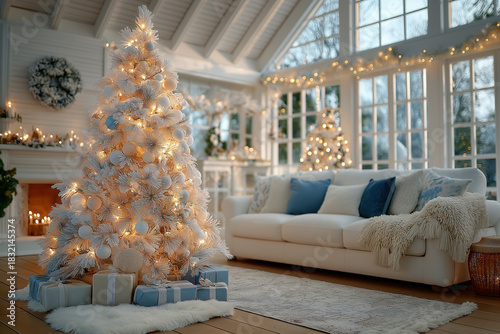 Salon moderne et rustique décoré pour Noël, avec un sapin richement orné, des cadeaux emballés sous l'arbre et une ambiance intérieure chaleureuse et cosy. Scène de maison de vacances d'hiver