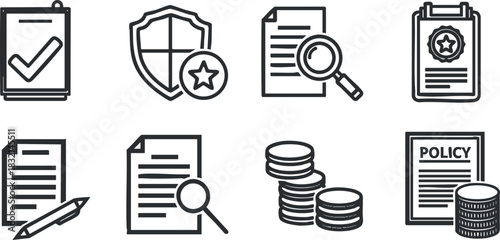 A collection of business and finance icons including documents, magnifying glass, coins, and policy in flat outline vector style, suitable for office and legal applications
