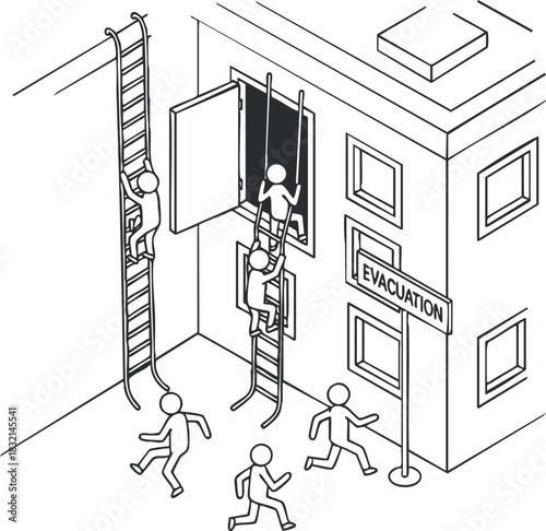A group of people using ladders to evacuate from a building in minimalist black and white vector style, ideal for emergency safety training materials