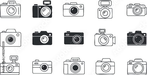 A collection of various camera icons in black and white outline vector style, suitable for photography-related projects and creative designs