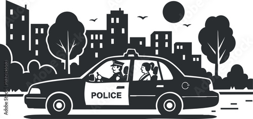 A police car with an officer and a passenger in black and white vector style, ideal for law enforcement graphics
