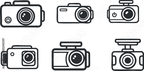 A set of six camera icons in clean outline vector style, perfect for photography-related projects and digital media