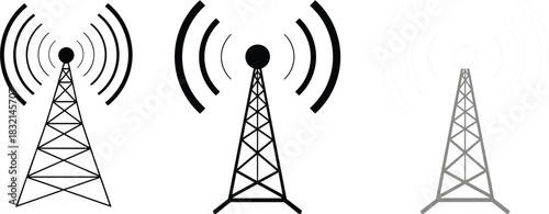 Three Stylized Icons Of Radio Towers With Varying Signal Intensity Keywords: radio tower, transmission tower, antenna, signal