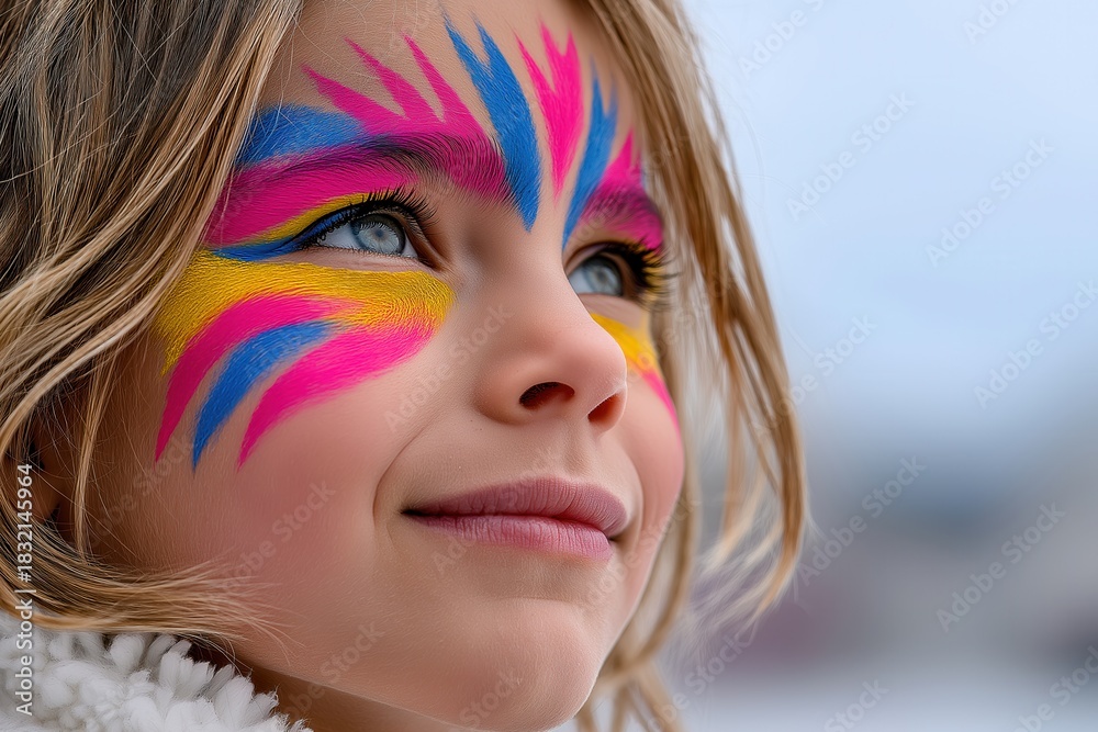 Naklejka premium A young girl with vibrant face paint in pink, blue, and yellow smiles joyfully outdoors. Bright colors and cheerful expression.