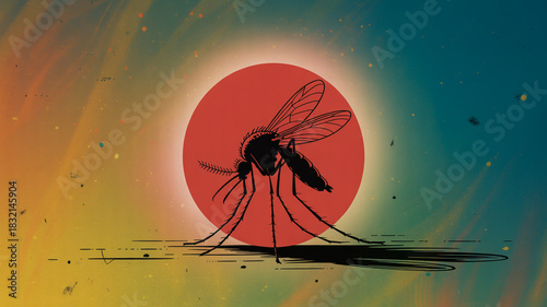 Silhouette of a mosquito against a red circle and abstract colorful background insect