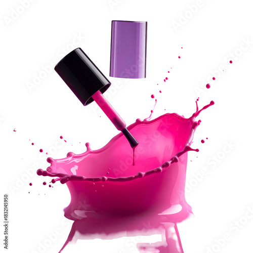Pink nail polish splash with open bottle and floating lid, against black background