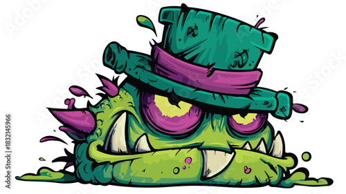 Playful Cartoon Monster with Green Hat and Purple Eyes for Creative Projects