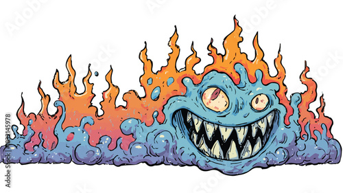 Fiery Monster Cartoon Drawing with Bold Face and Flames