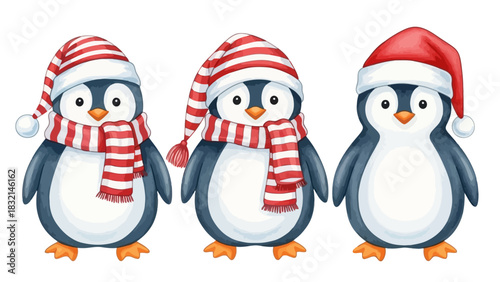Three cute penguins wearing winter hats and scarves watercolor illustration