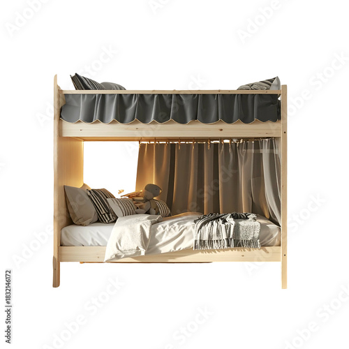 Wooden bunk bed with curtains, pillows, and a stuffed toy in a cozy, illuminated space