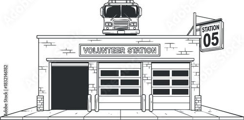 A volunteer fire station building with a fire truck on top in black and white outline vector style, suitable for public service illustrations