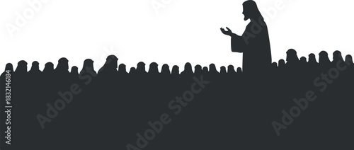 A silhouette of a speaker addressing an audience in black and white minimalist vector style, ideal for presentations and public speaking themes