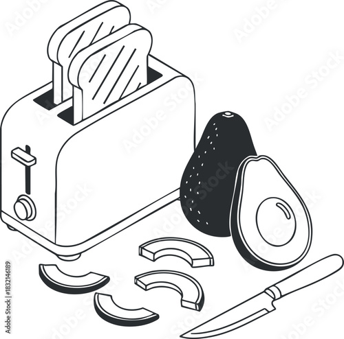 A toaster with slices of bread and an avocado in minimalist black and white vector style, ideal for kitchen and breakfast themes